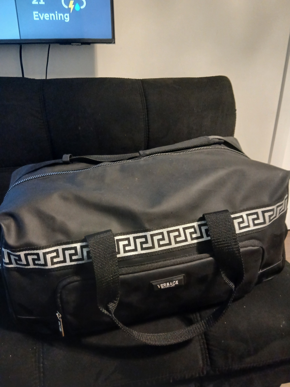 Versace Black Duffel with White Greek Key Band